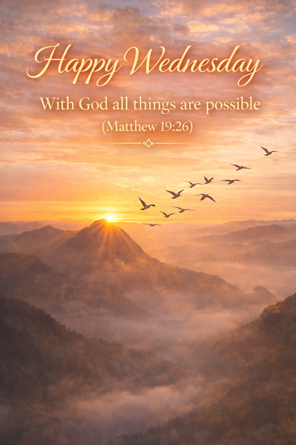Birds flying at sunrise over misty mountains, "Happy Wednesday — With God all things are possible (Matthew 19:26)" in gold — uplifting WhatsApp blessing